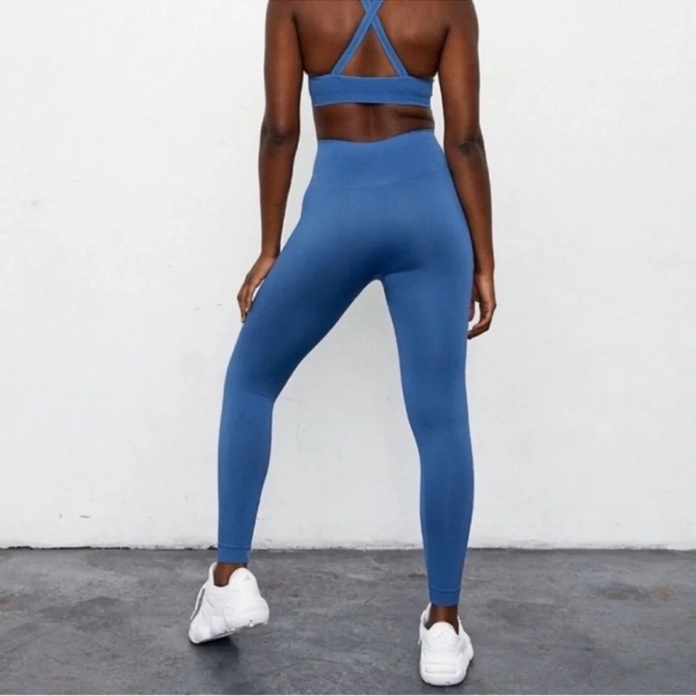 SET Active Sculptflex High Rise Seamless Leggings Crop Gym‎ Yoga Blue Size M